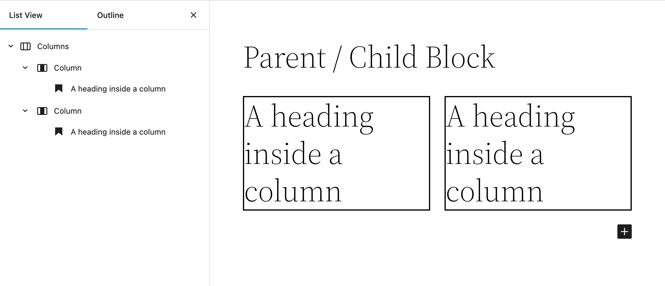 screenshot of the columns block in the editor